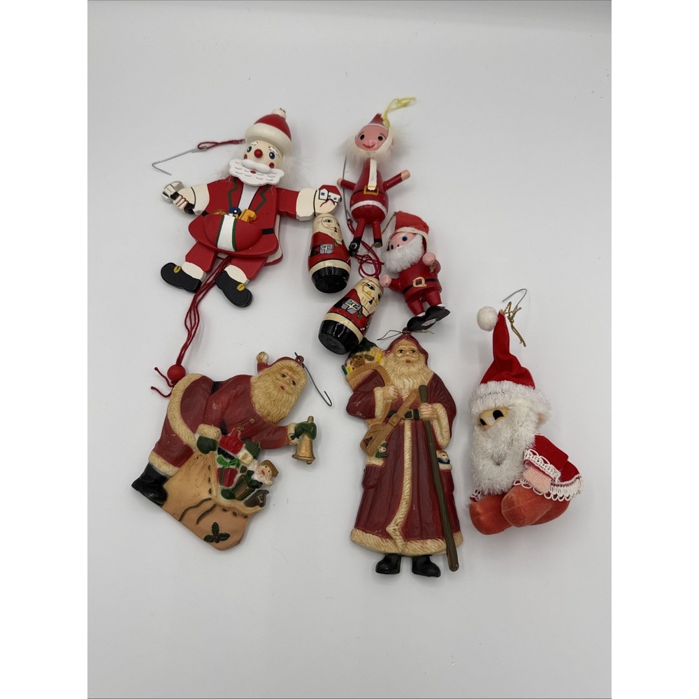 Vintage Santa Ornament Lot - Wood And Resin - 1970's, 1980's - 8 items